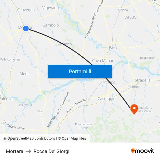 Mortara to Rocca De' Giorgi map