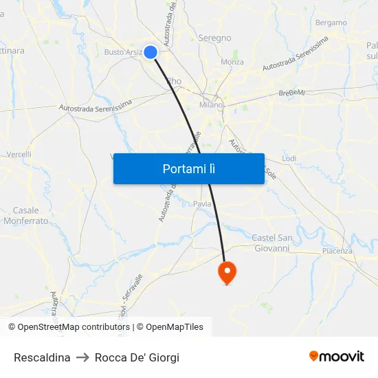 Rescaldina to Rocca De' Giorgi map