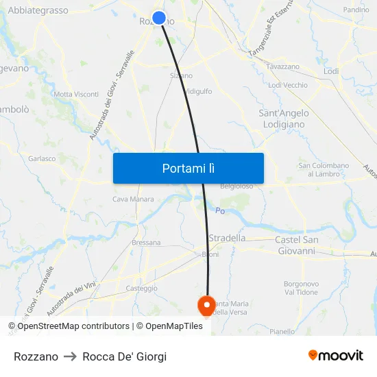 Rozzano to Rocca De' Giorgi map