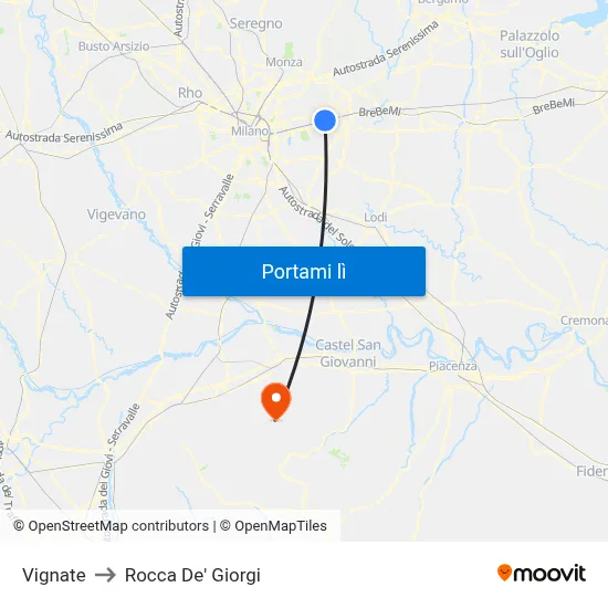 Vignate to Rocca De' Giorgi map