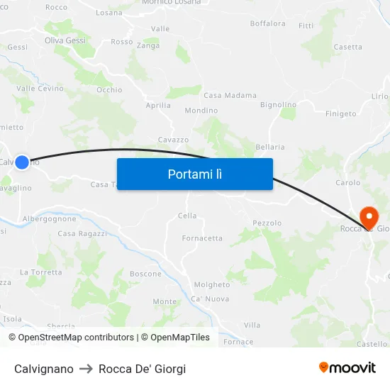 Calvignano to Rocca De' Giorgi map