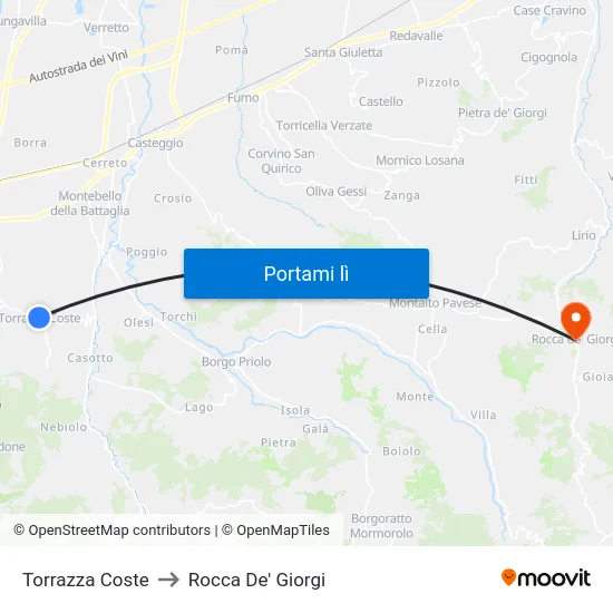 Torrazza Coste to Rocca De' Giorgi map