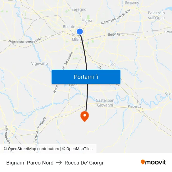 Bignami Parco Nord to Rocca De' Giorgi map