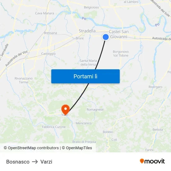 Bosnasco to Varzi map