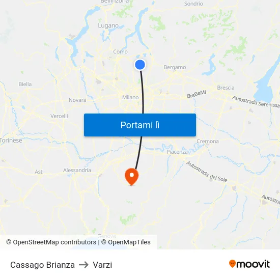 Cassago Brianza to Varzi map