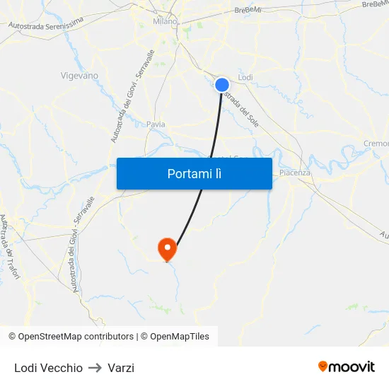 Lodi Vecchio to Varzi map