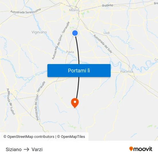 Siziano to Varzi map