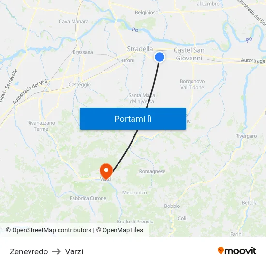 Zenevredo to Varzi map
