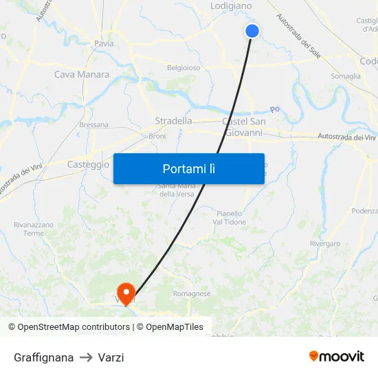 Graffignana to Varzi map
