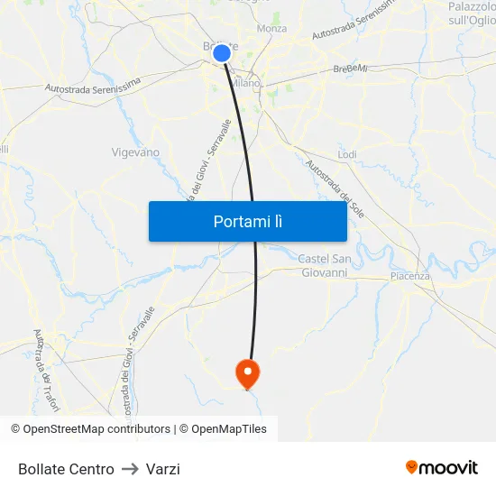 Bollate Centro to Varzi map