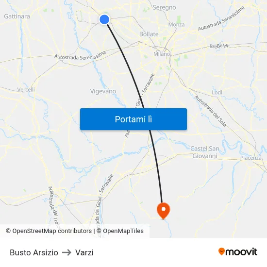 Busto Arsizio to Varzi map
