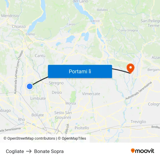 Cogliate to Bonate Sopra map