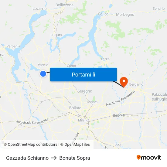 Gazzada Schianno to Bonate Sopra map