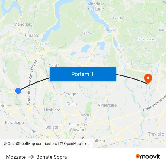 Mozzate to Bonate Sopra map
