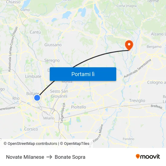 Novate Milanese to Bonate Sopra map