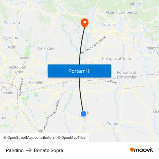 Pandino to Bonate Sopra map