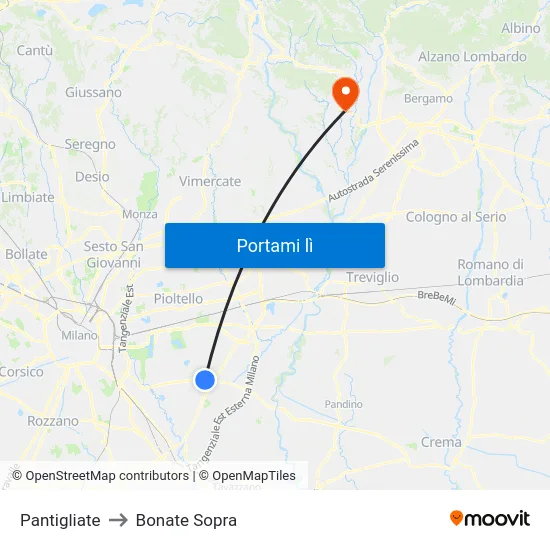 Pantigliate to Bonate Sopra map