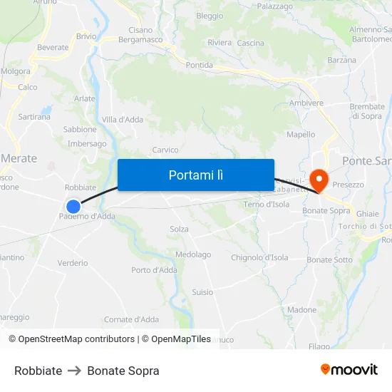 Robbiate to Bonate Sopra map