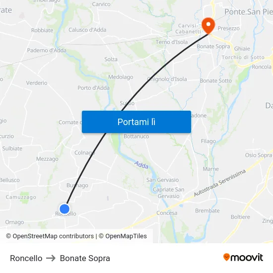 Roncello to Bonate Sopra map