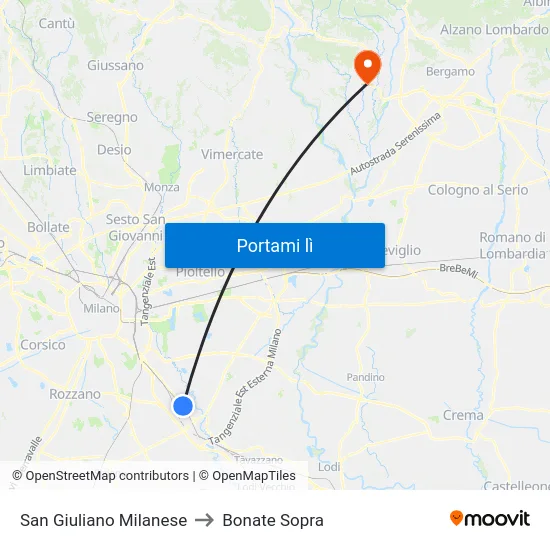 San Giuliano Milanese to Bonate Sopra map