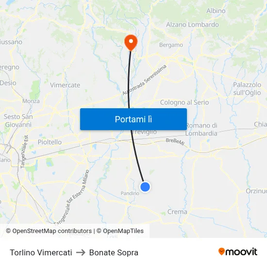 Torlino Vimercati to Bonate Sopra map