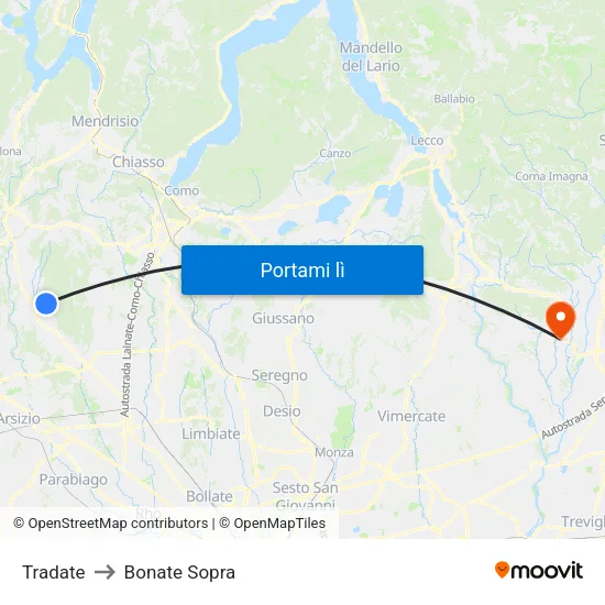Tradate to Bonate Sopra map
