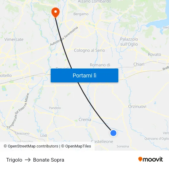 Trigolo to Bonate Sopra map