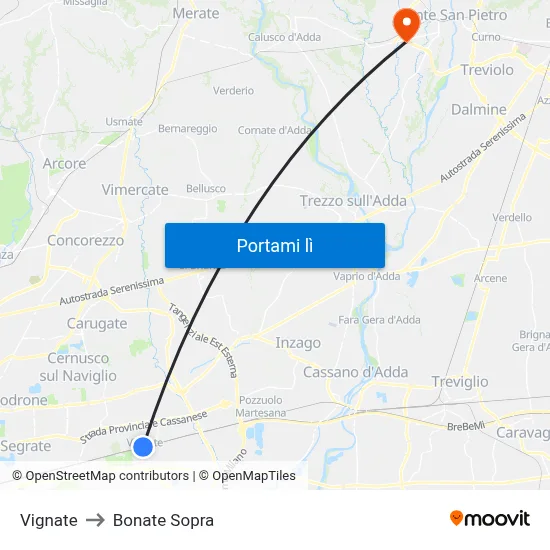 Vignate to Bonate Sopra map
