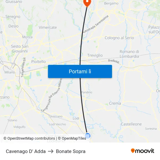Cavenago D' Adda to Bonate Sopra map