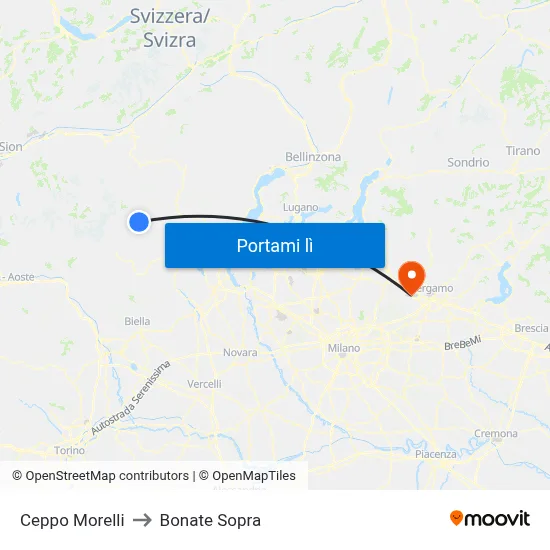 Ceppo Morelli to Bonate Sopra map