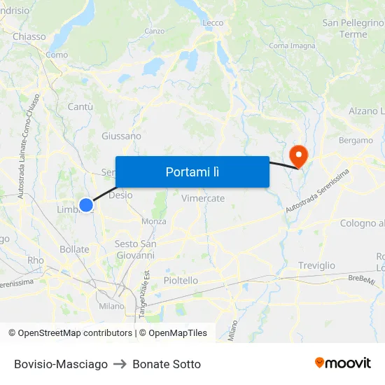 Bovisio-Masciago to Bonate Sotto map