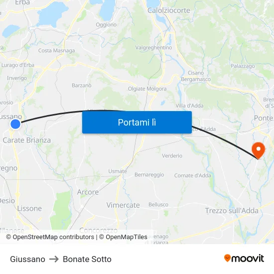 Giussano to Bonate Sotto map