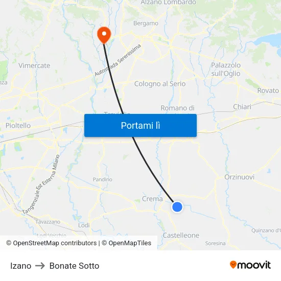 Izano to Bonate Sotto map