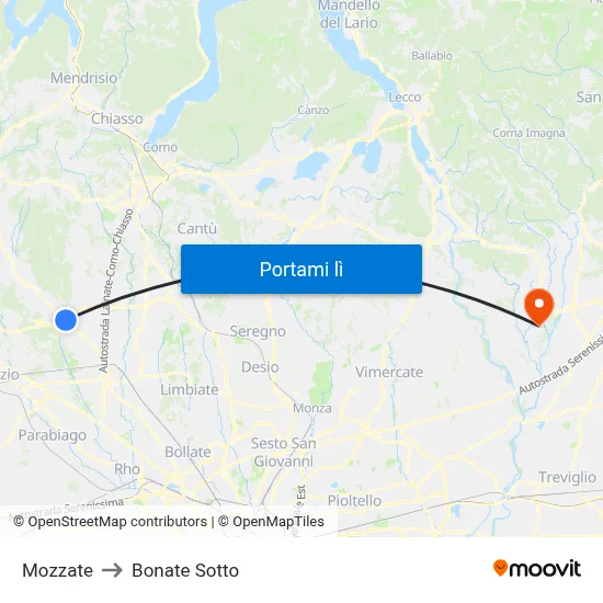 Mozzate to Bonate Sotto map