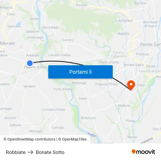Robbiate to Bonate Sotto map