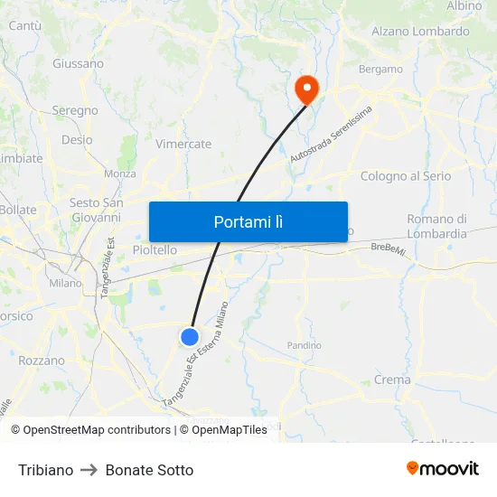 Tribiano to Bonate Sotto map