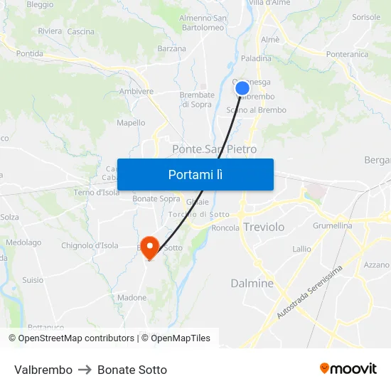Valbrembo to Bonate Sotto map