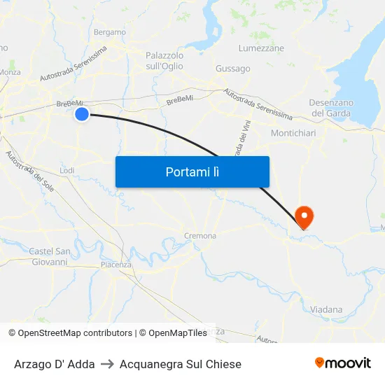 Arzago D' Adda to Acquanegra Sul Chiese map