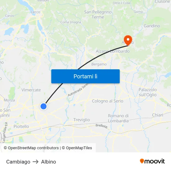 Cambiago to Albino map