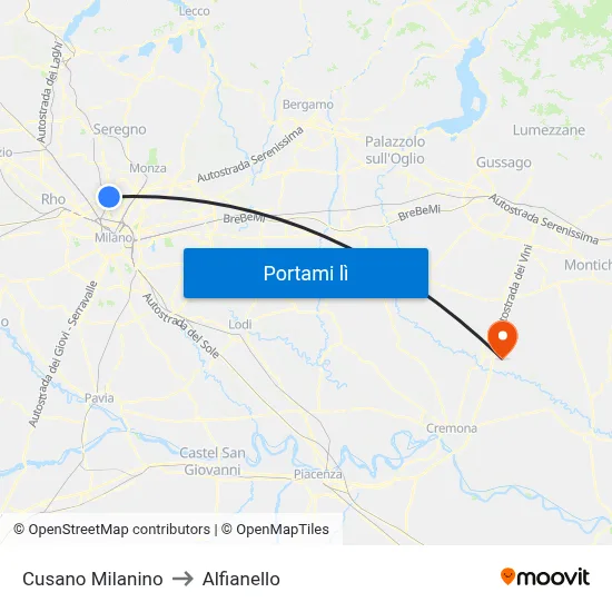 Cusano Milanino to Alfianello map