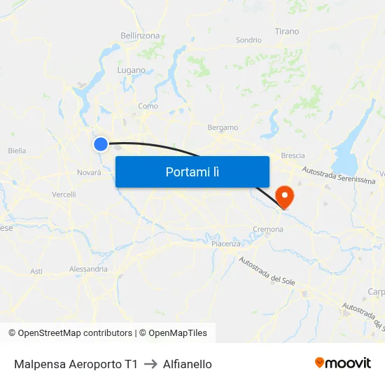Malpensa Aeroporto T1 to Alfianello map