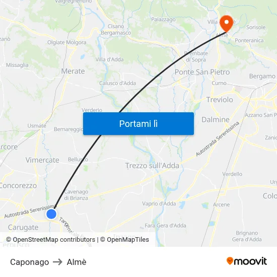 Caponago to Almè map