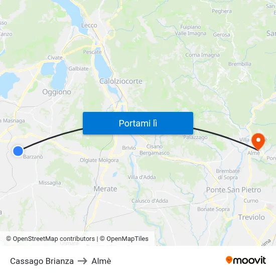 Cassago Brianza to Almè map