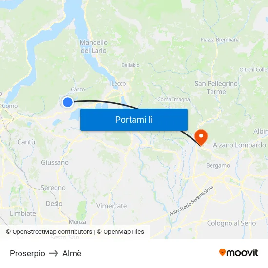 Proserpio to Almè map