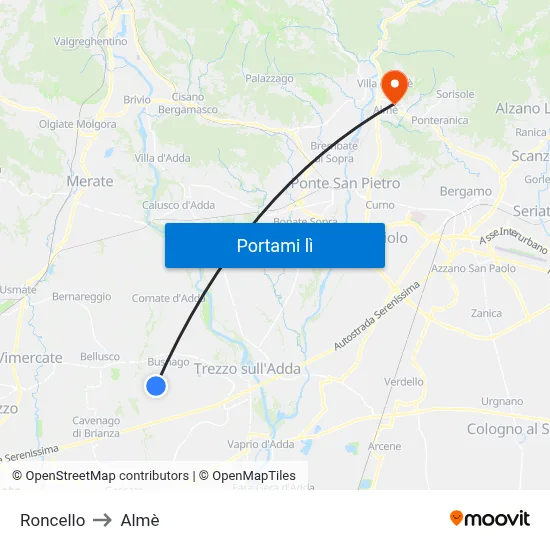 Roncello to Almè map