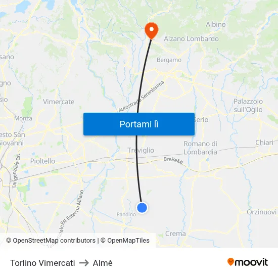 Torlino Vimercati to Almè map