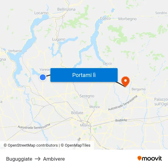 Buguggiate to Ambivere map