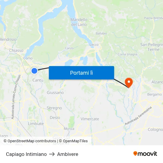 Capiago Intimiano to Ambivere map