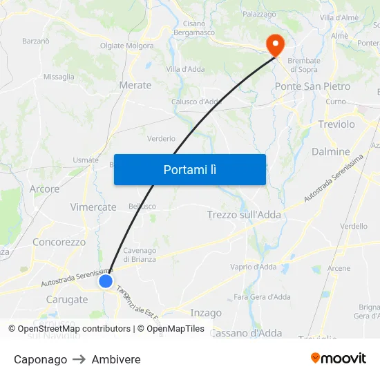Caponago to Ambivere map