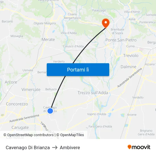 Cavenago Di Brianza to Ambivere map